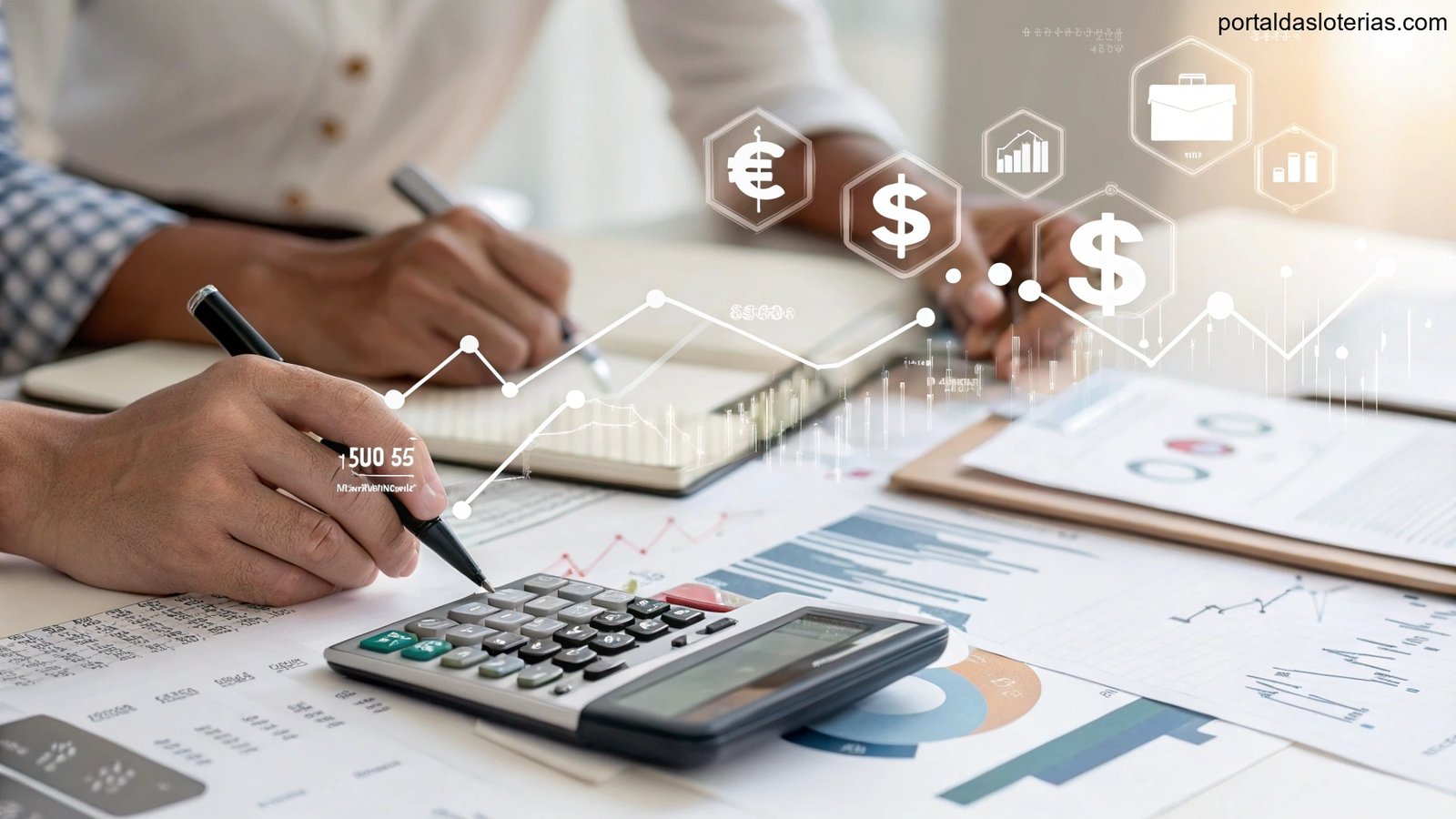 imagem de análise estatística da Lotomania com gráficos financeiros e símbolos matemáticos