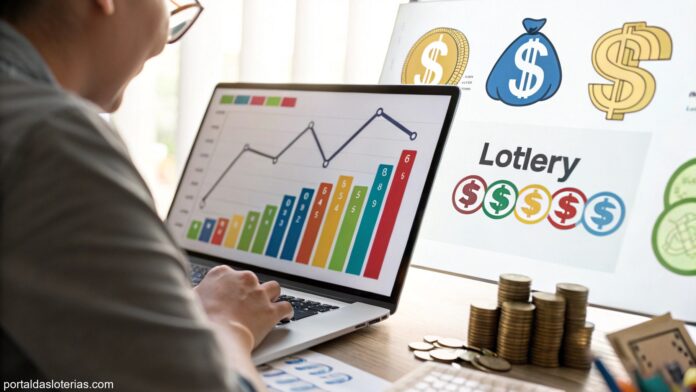 imagem de gráficos e dados estatísticos sobre loterias com uma pessoa analisando resultados