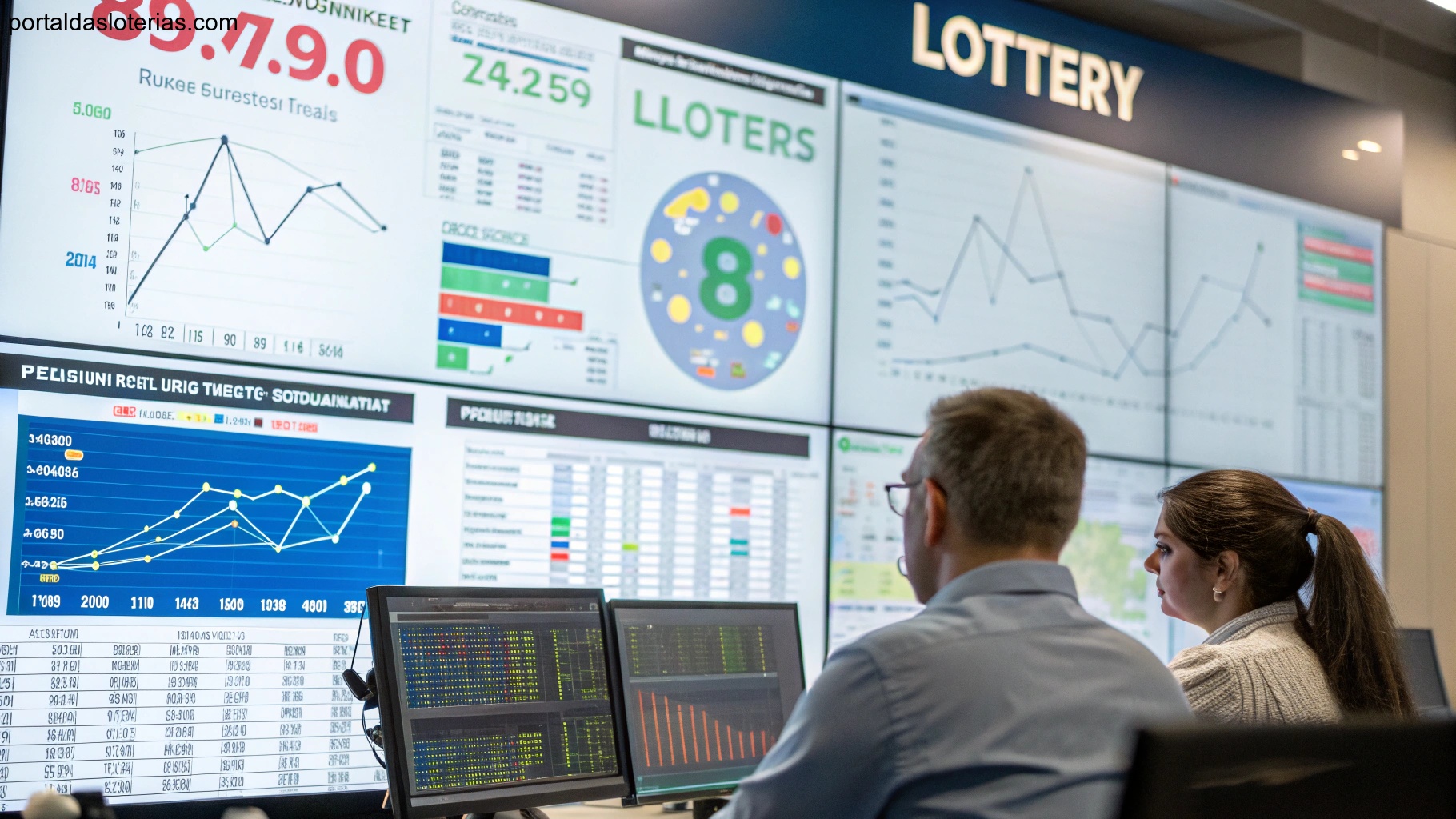 Imagem de análise estatística de loteria com gráficos e tendências numéricas