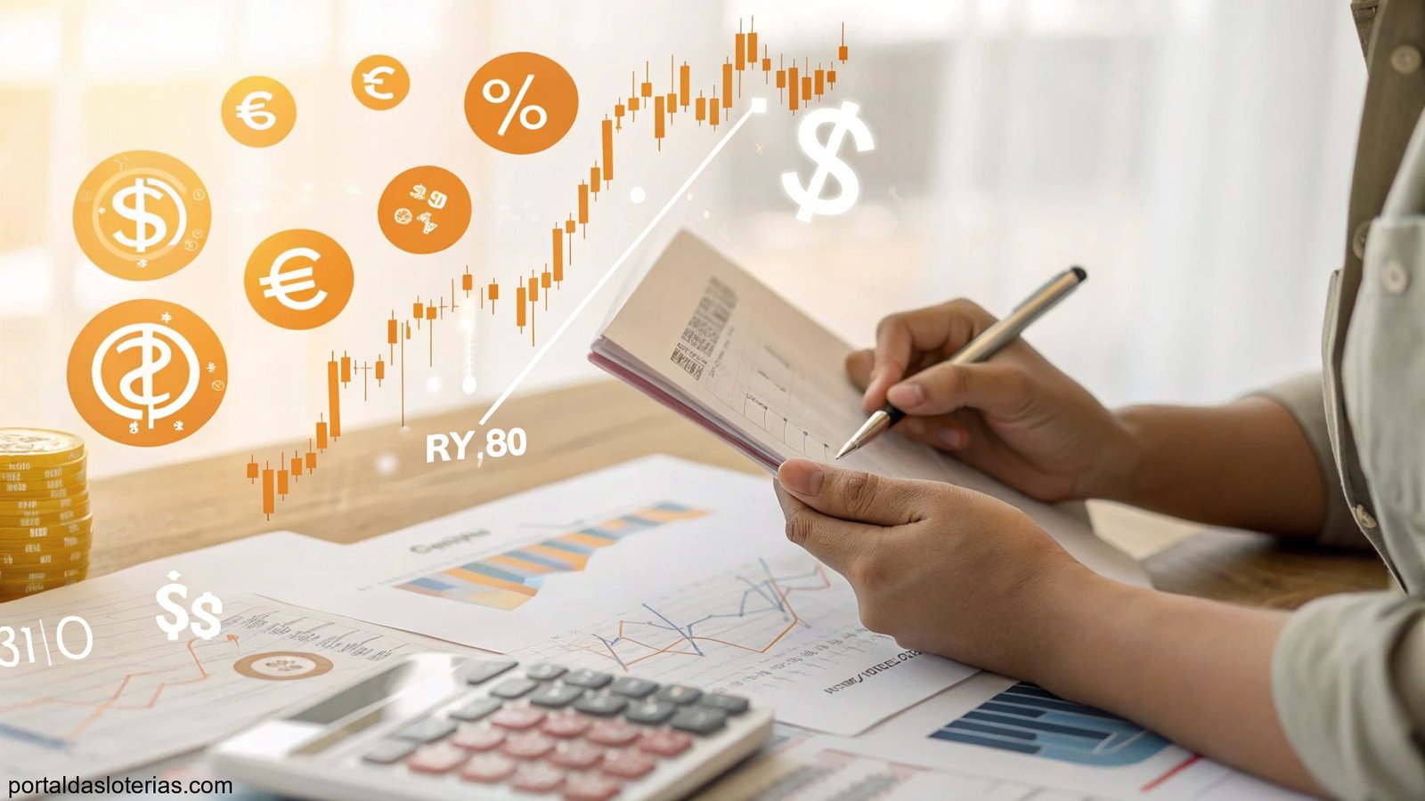 Imagem de análise de loterias com gráficos financeiros, símbolos de dinheiro e uma pessoa estudando estatísticas, com a paleta de cores laranja (#f78b07).