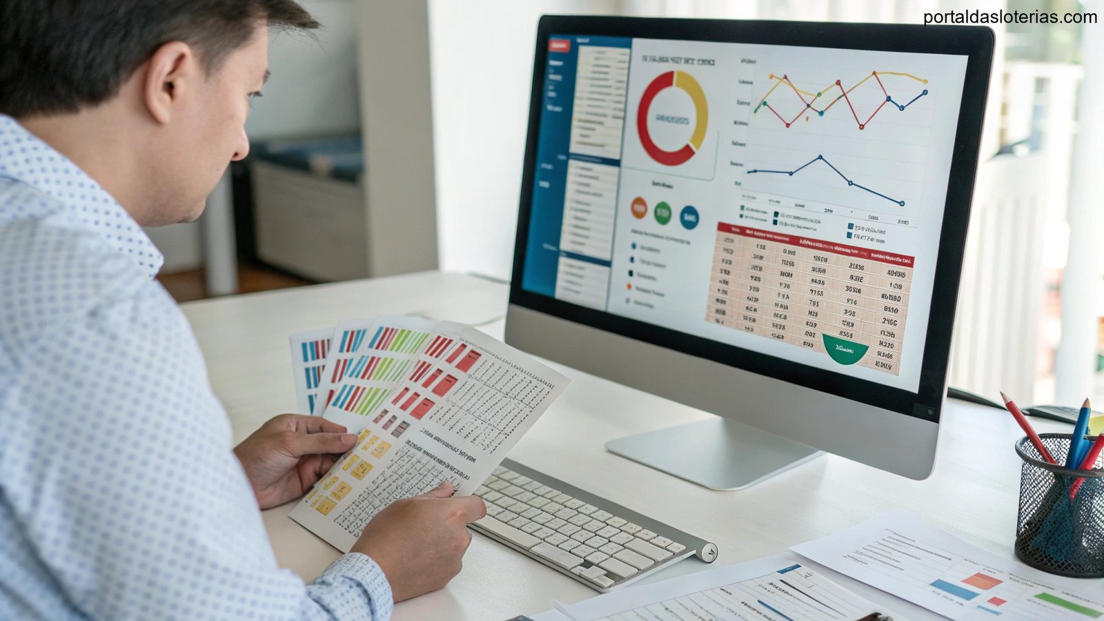 Análise estatística da loteria com gráficos financeiros e cálculos de probabilidade.