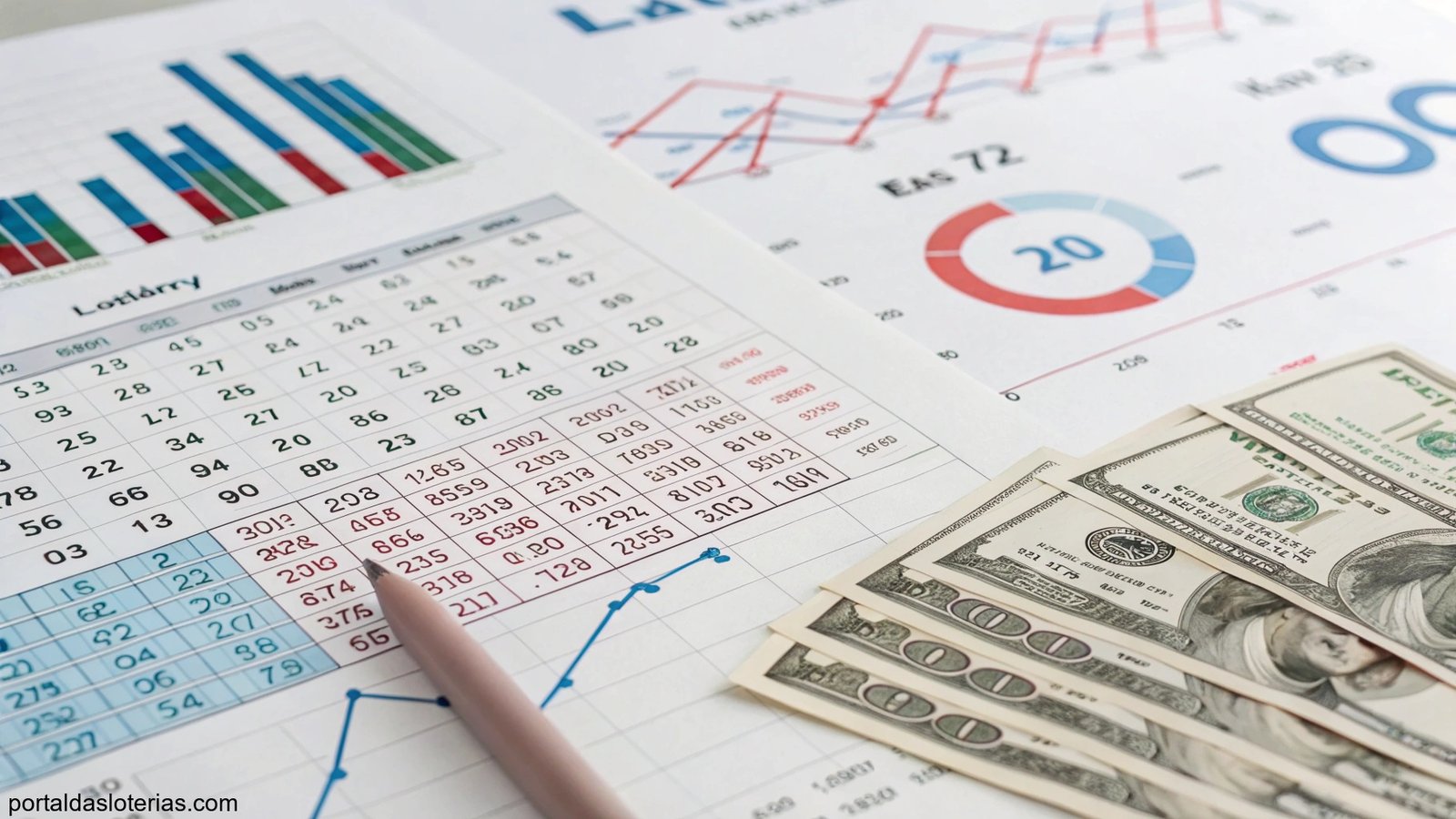 Análise matemática com gráficos e estatísticas sobre loterias, incluindo elementos como números e dinheiro.