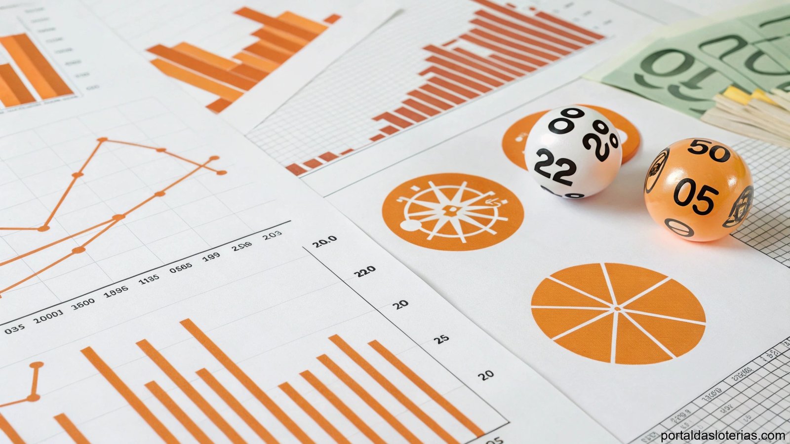 Imagem ilustrativa de análise de probabilidades e estatísticas de loteria, com gráficos e símbolos matemáticos em tons de laranja.