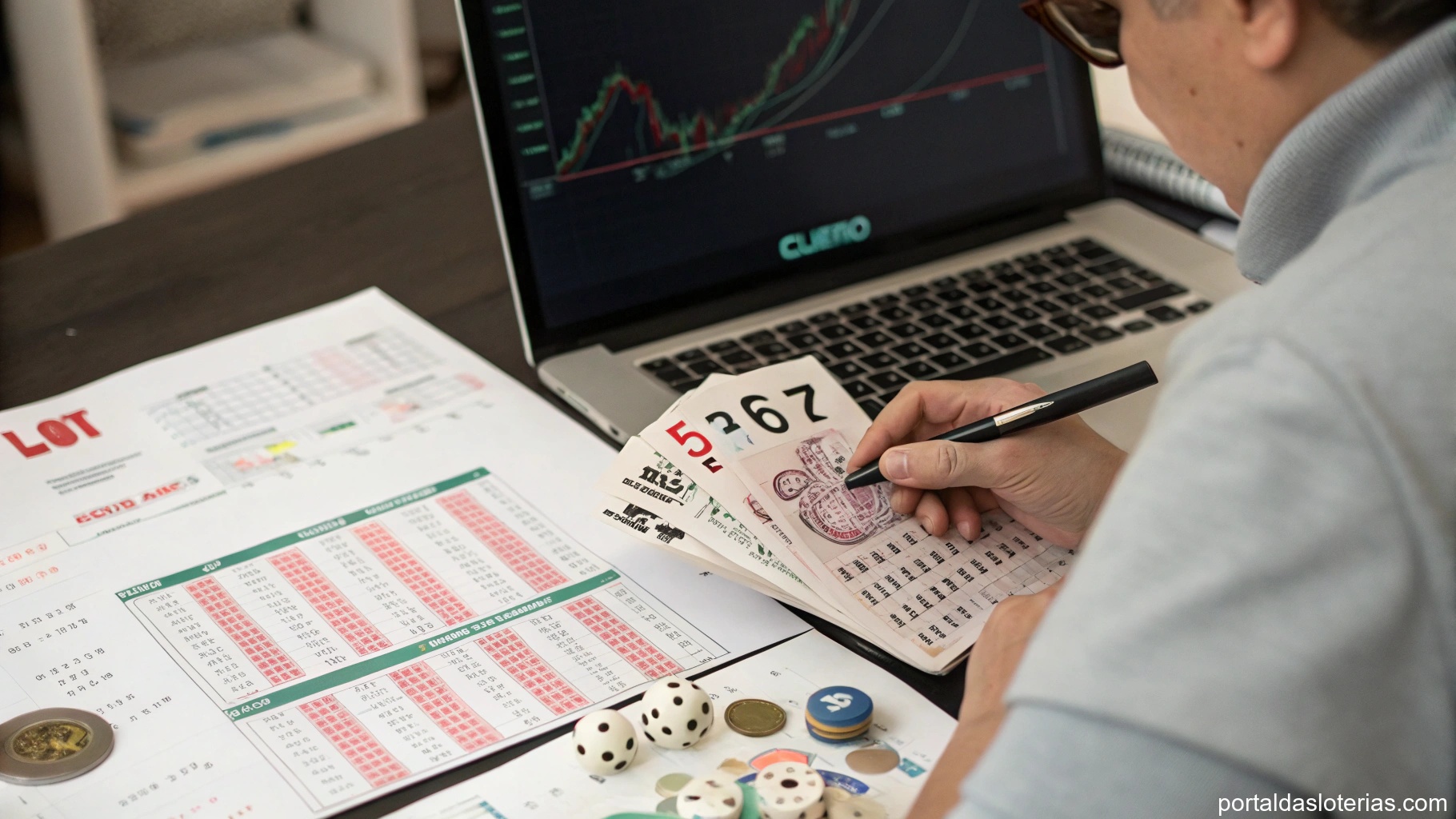 imagem de uma análise financeira de loteria com gráficos e números