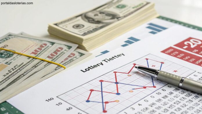 Imagem ilustrativa de análise matemática e financeira sobre loterias, incluindo gráficos e símbolos relacionados.