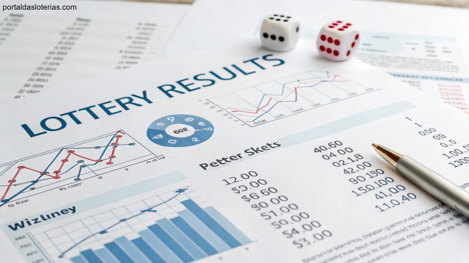 Imagem representando análise estatística de resultados de loteria com gráficos e números