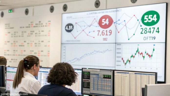 Imagem de análise de loteria com gráficos financeiros e pessoas analisando probabilidades