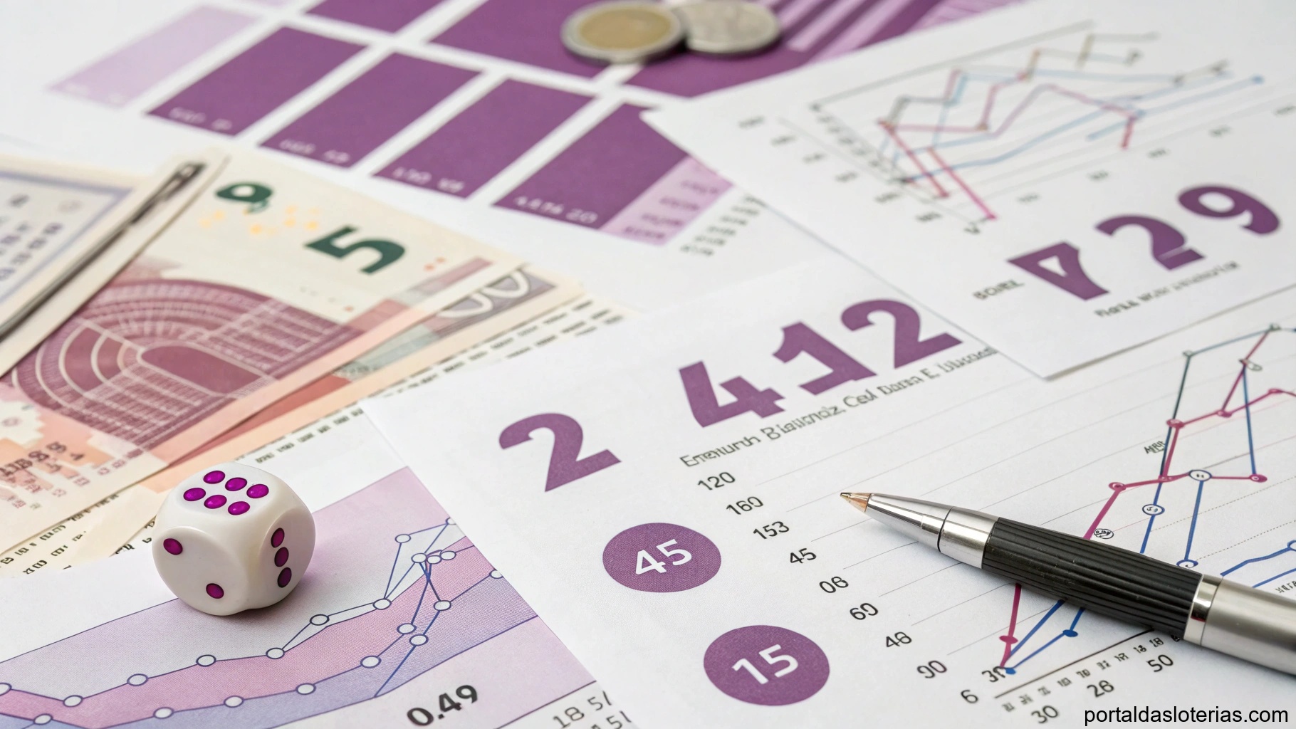 Imagem representando análise matemática de loteria com gráficos e símbolos financeiros.