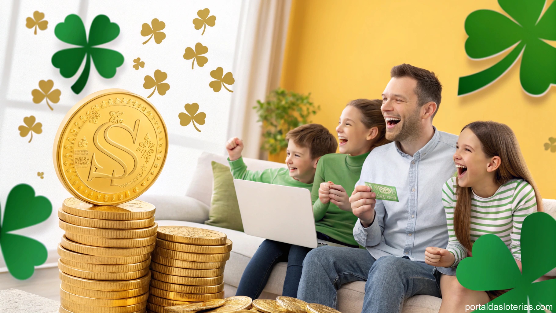 Imagem representando sorte com trevos e moedas douradas.