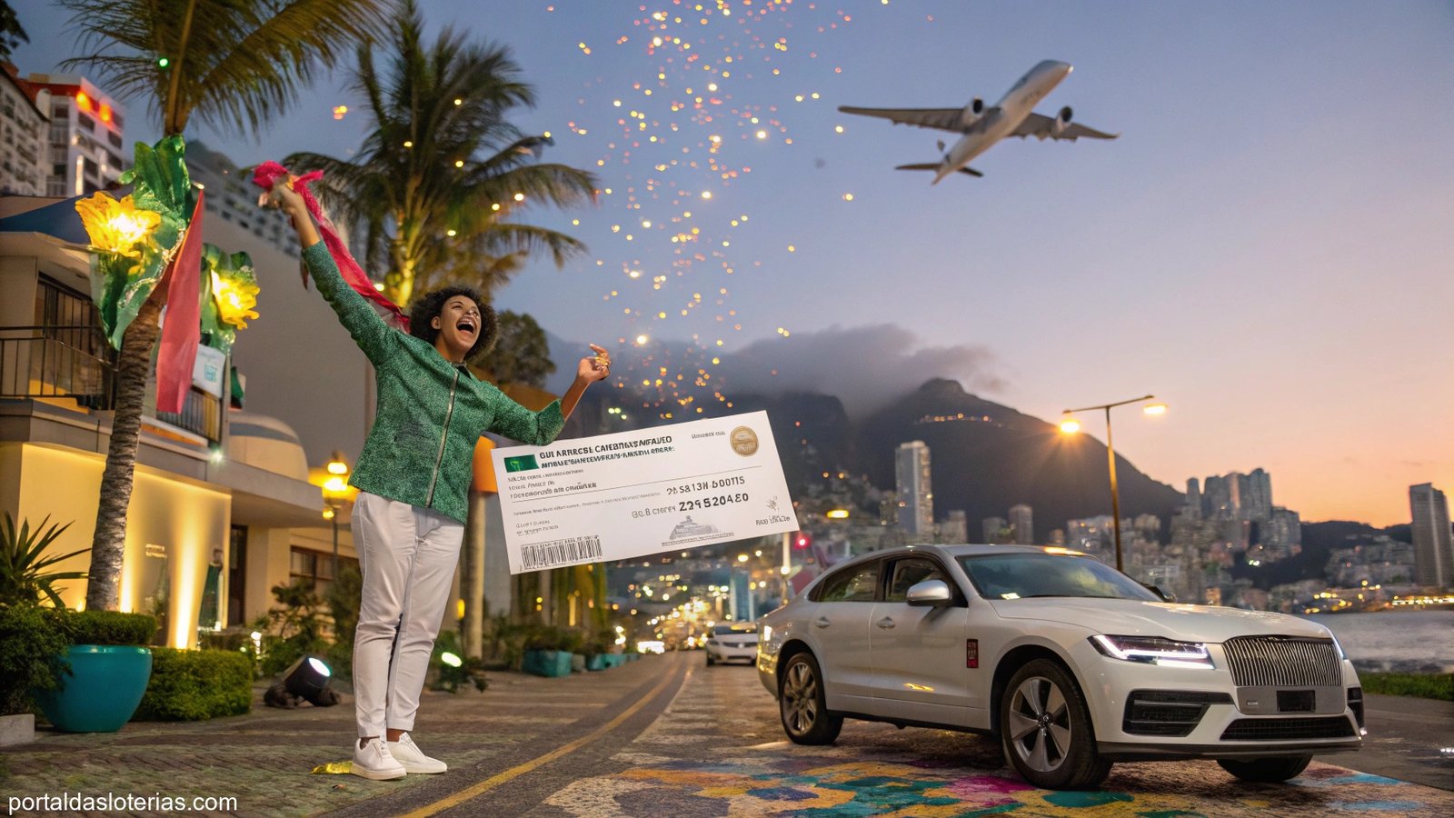 Imagem de um ganhador da loteria comemorando com símbolos de riqueza, como uma casa e um carro, em um ambiente urbano.