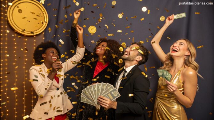 Imagem de pessoas comemorando com confetes e moedas de ouro, simbolizando sorte e riqueza.