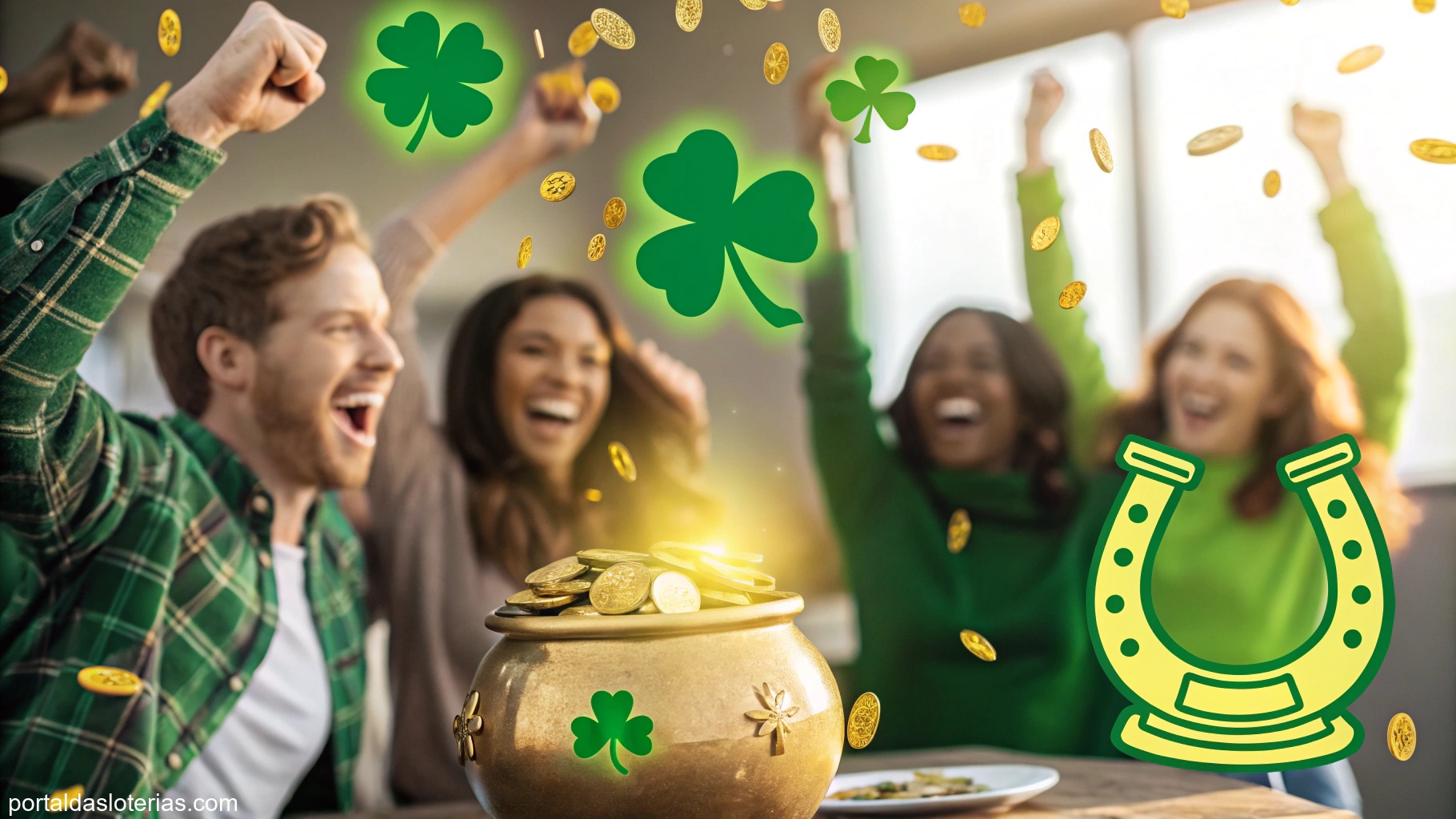 Imagem de pessoas celebrando a sorte com elementos de riqueza e prosperidade como pote de ouro e trevos de quatro folhas.