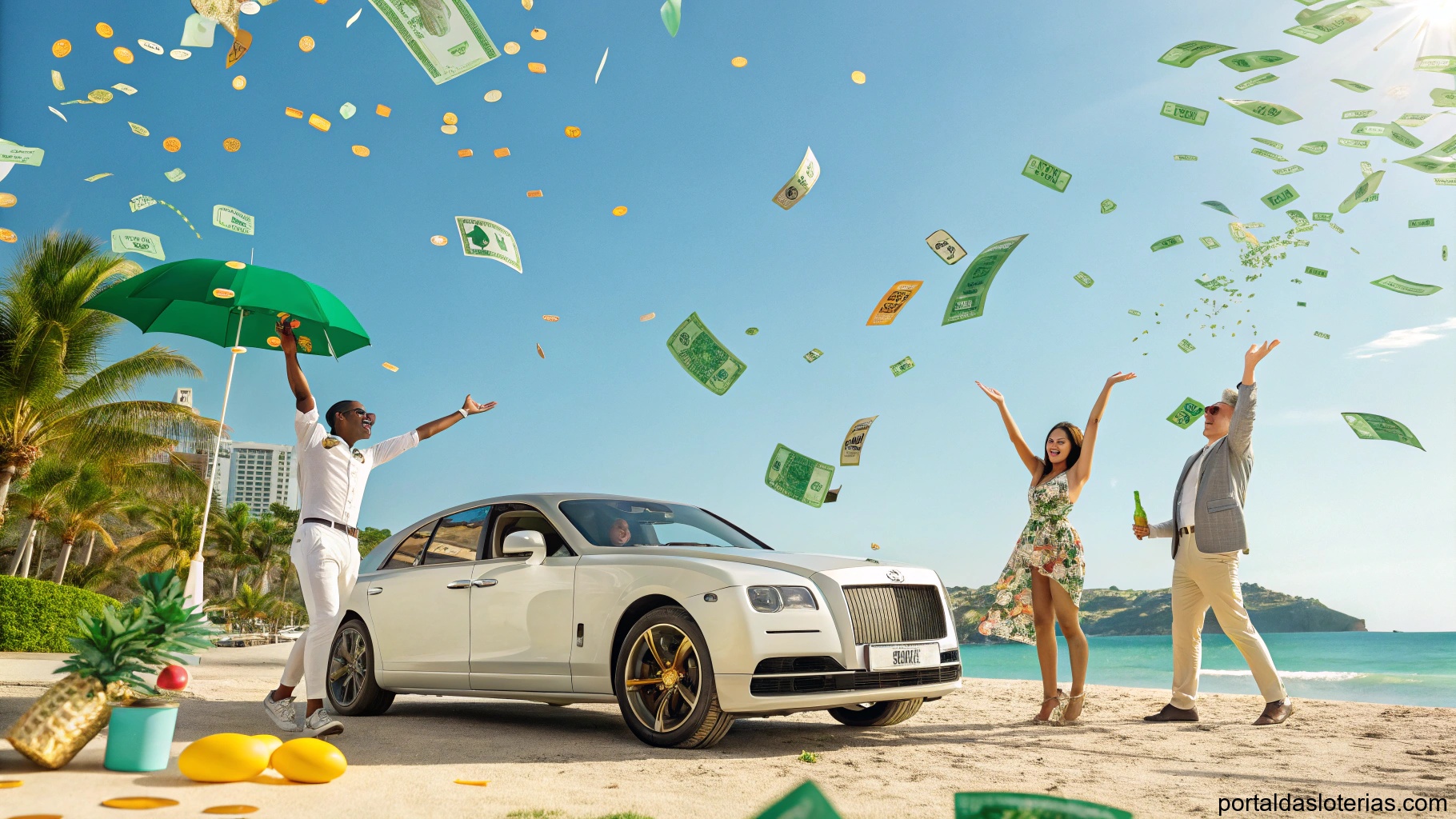 Imagem ilustrando sorte e riqueza com pessoas comemorando, carro de luxo e cenário de viagem.