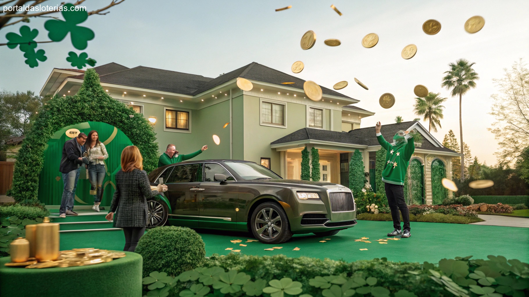 imagem de pessoas celebrando com símbolos de sorte e riqueza, como moedas, casa e carro, em tons de verde