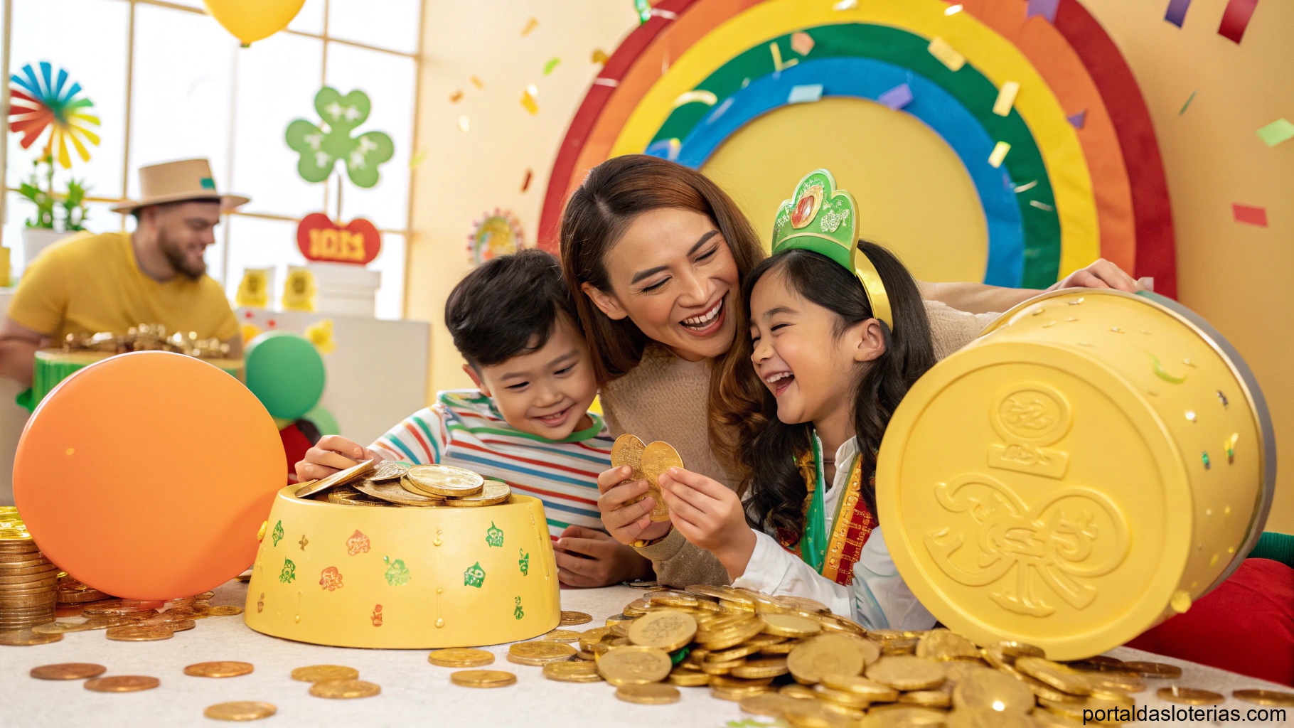imagem de uma família comemorando com símbolos de sorte e moedas de ouro