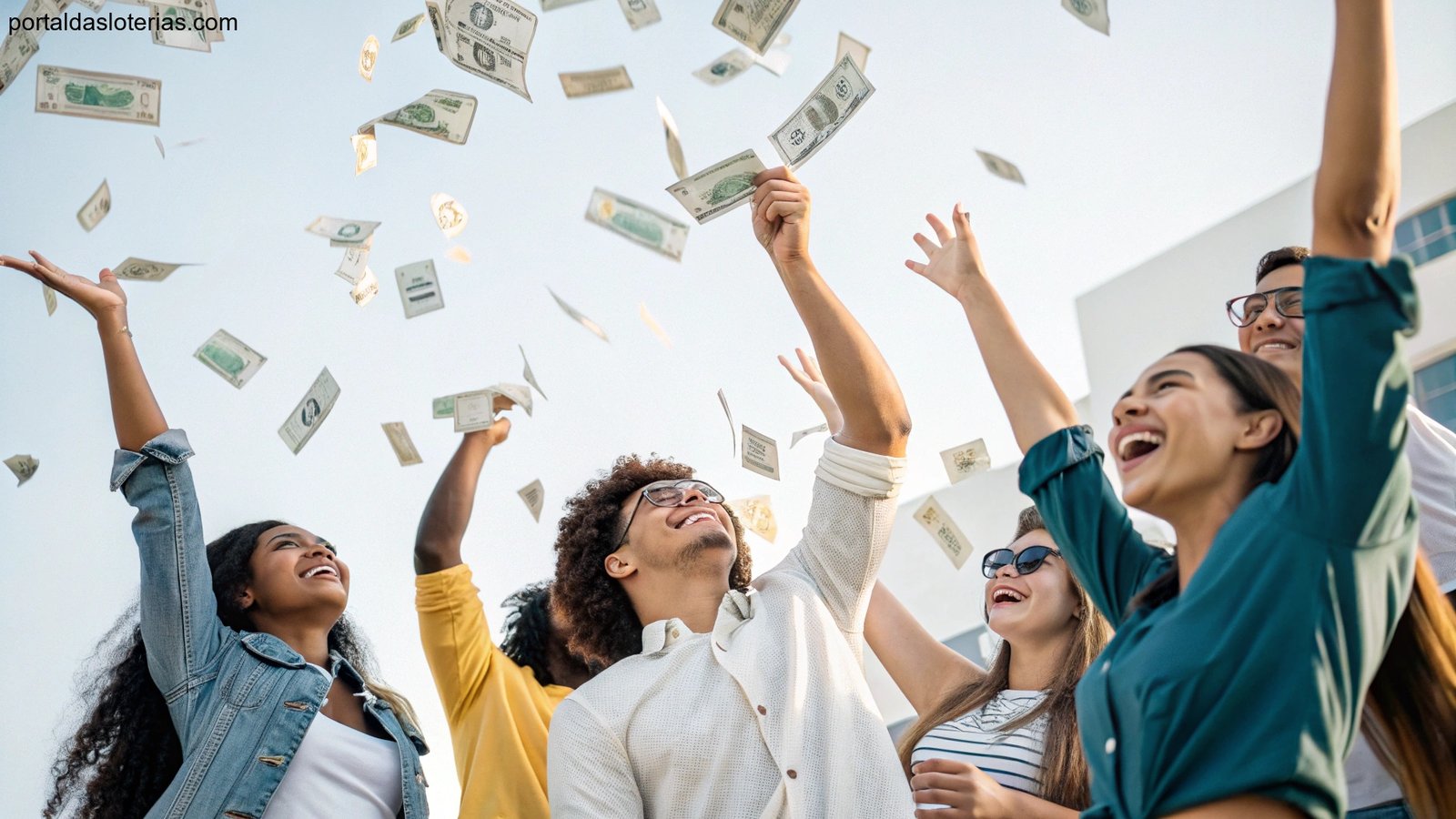 Imagem de pessoas celebrando com notas de dinheiro no ar, simbolizando sorte e sucesso financeiro.