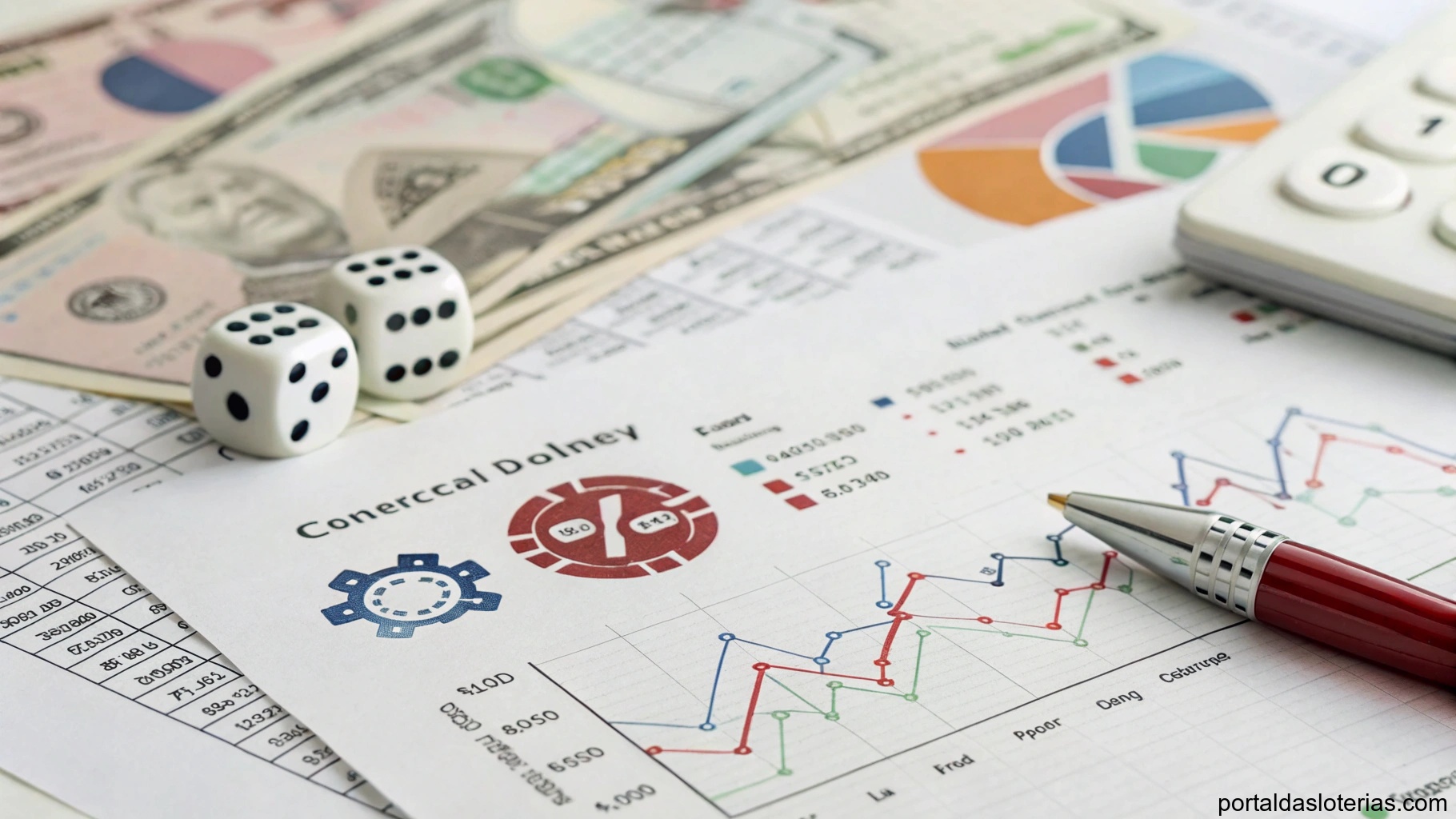 imagem de gráficos financeiros e símbolos representando análise de probabilidades para loteria