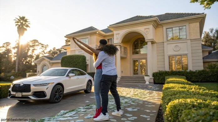 imagem de casal comemorando em frente a uma casa de luxo e um carro, simbolizando riqueza e sorte