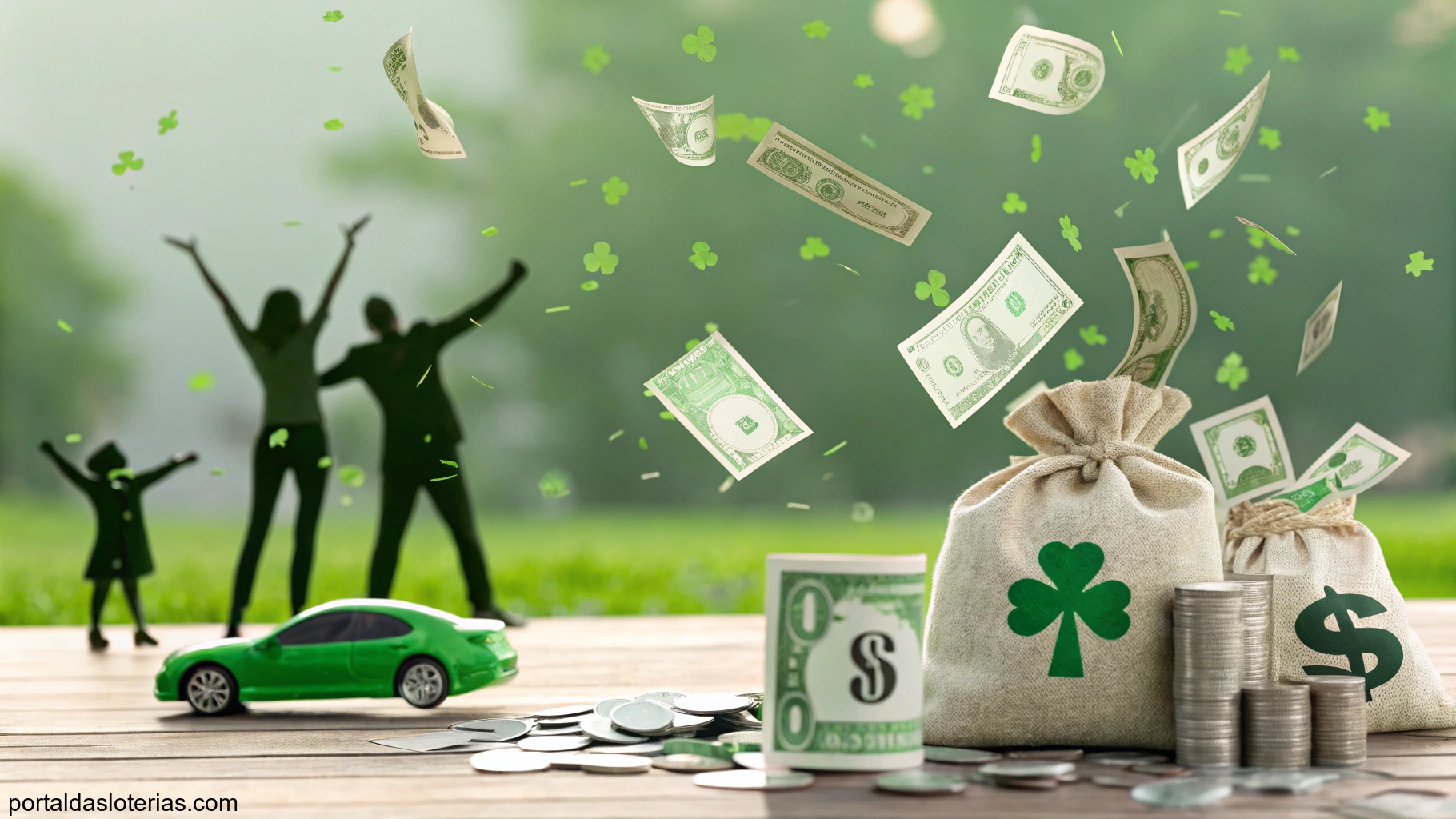 Imagem de celebração com símbolos de fortuna e sucesso, como uma família feliz, bolsas de dinheiro e representações de casa e carro, com predominância da cor verde.