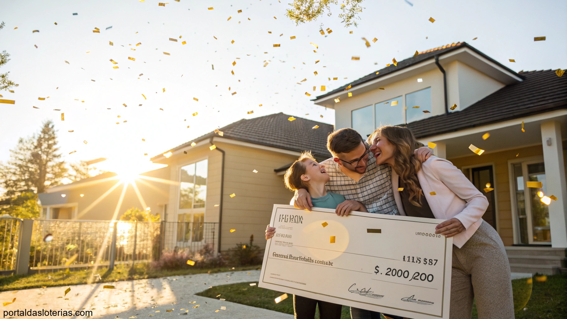 imagem de uma família celebrando com um cheque grande em frente a uma nova casa, simbolizando sorte e sucesso