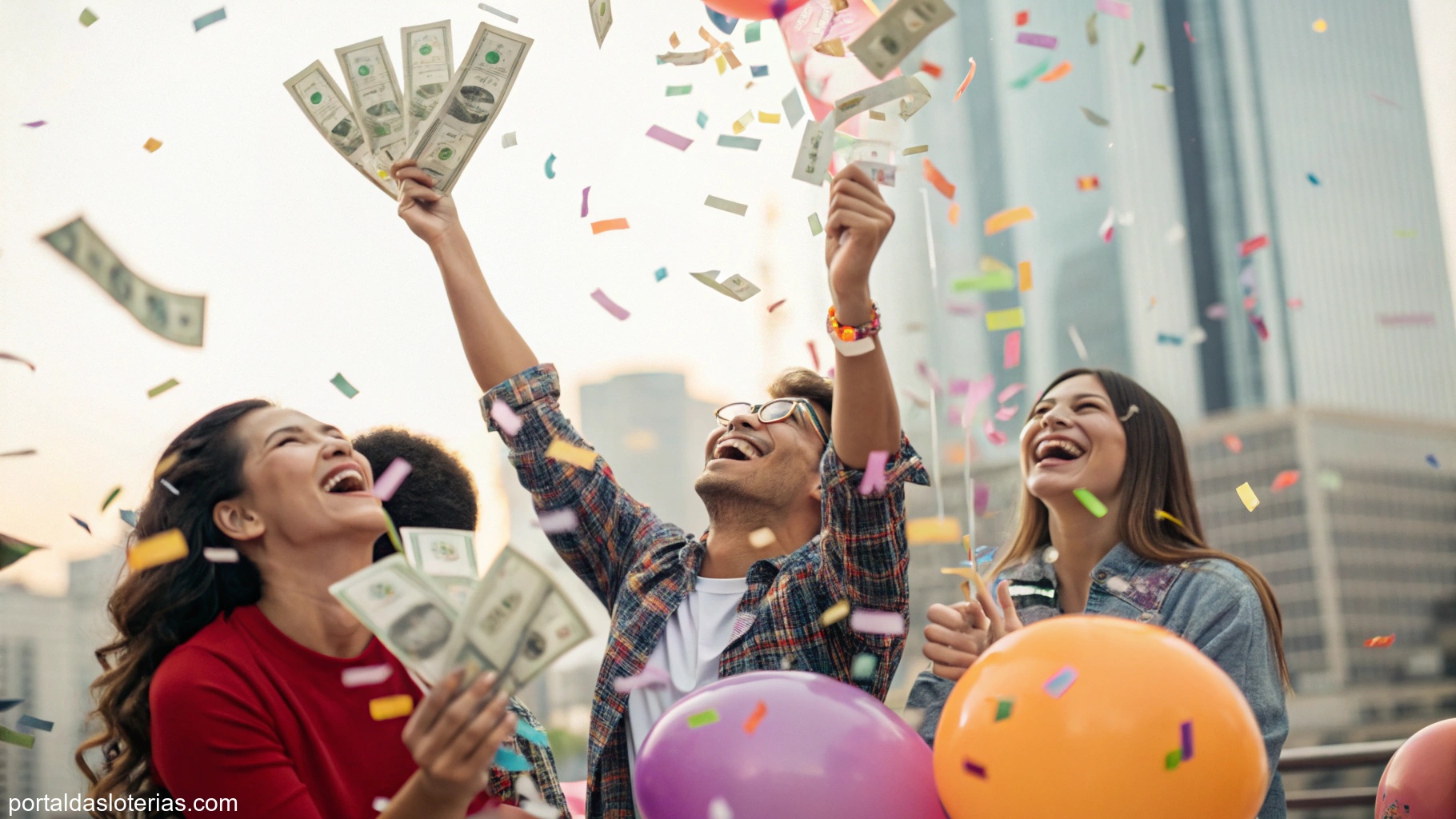 Imagem de pessoas felizes comemorando uma vitória na loteria, com símbolos de dinheiro e confete.