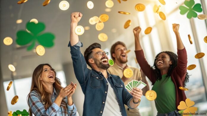 Imagem de pessoas celebrando um prêmio de loteria com símbolos de sorte ao fundo.