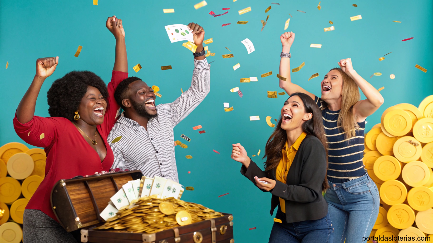 Imagem de pessoas comemorando uma vitória na loteria, cercadas por moedas de ouro e confetes.