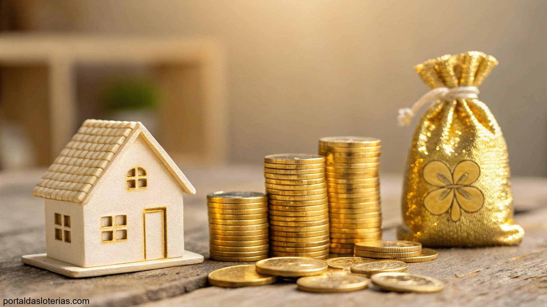 Imagem representando sorte e riqueza com elementos como moedas e uma casa