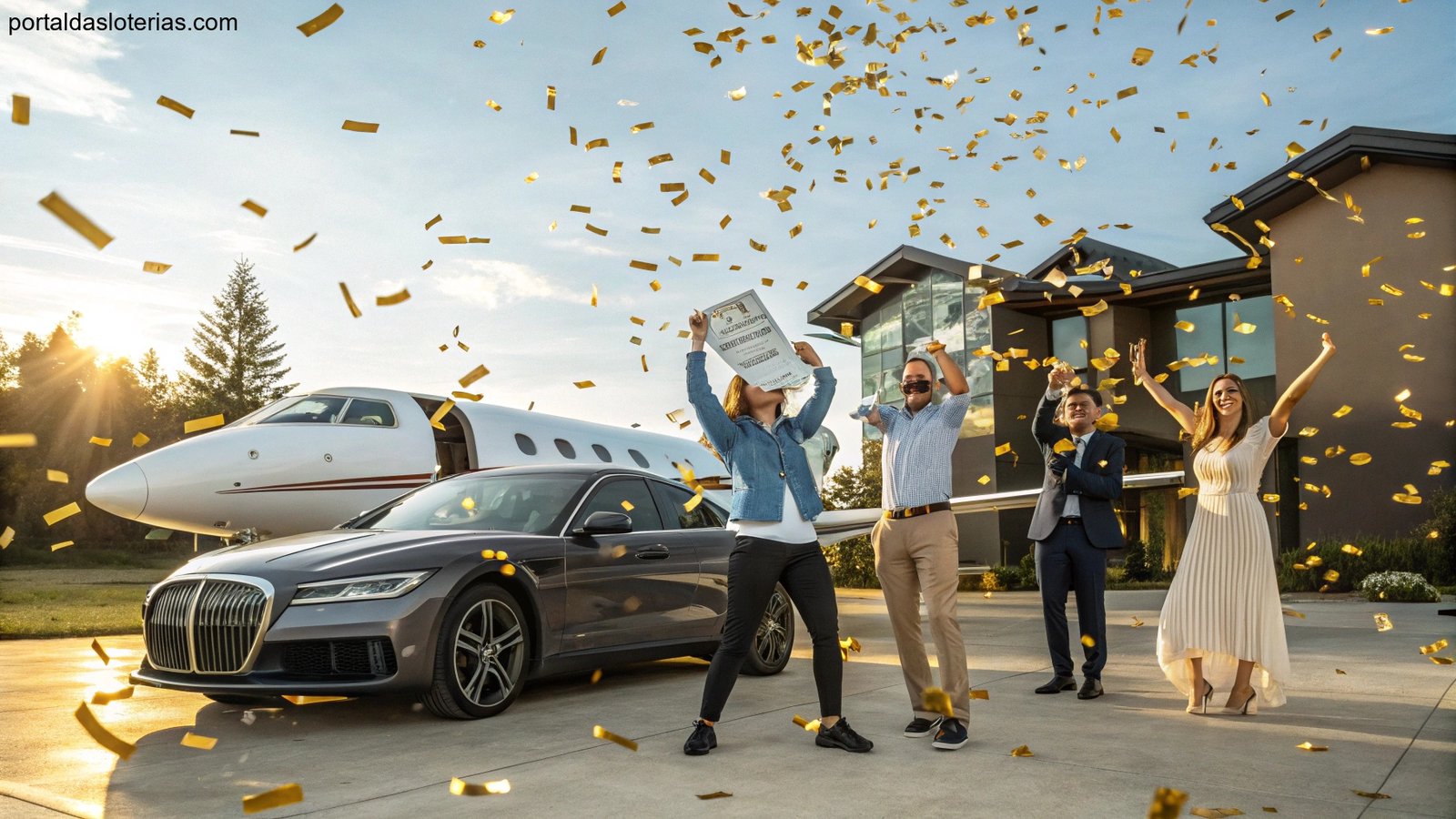 Imagem de pessoas celebrando uma vitória na loteria com símbolos de riqueza como casa, carro e avião.