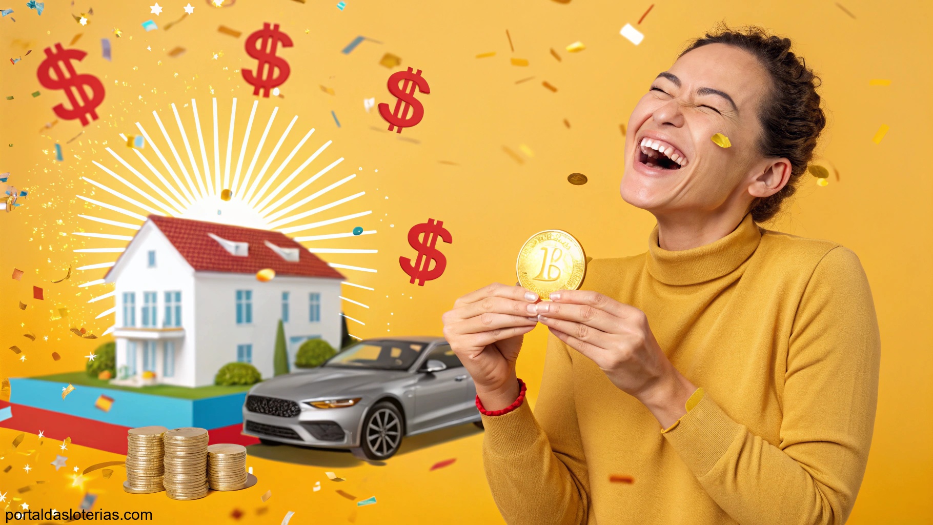 Imagem de uma pessoa feliz segurando uma moeda dourada cercada por símbolos de sorte como uma casa e um carro de luxo.