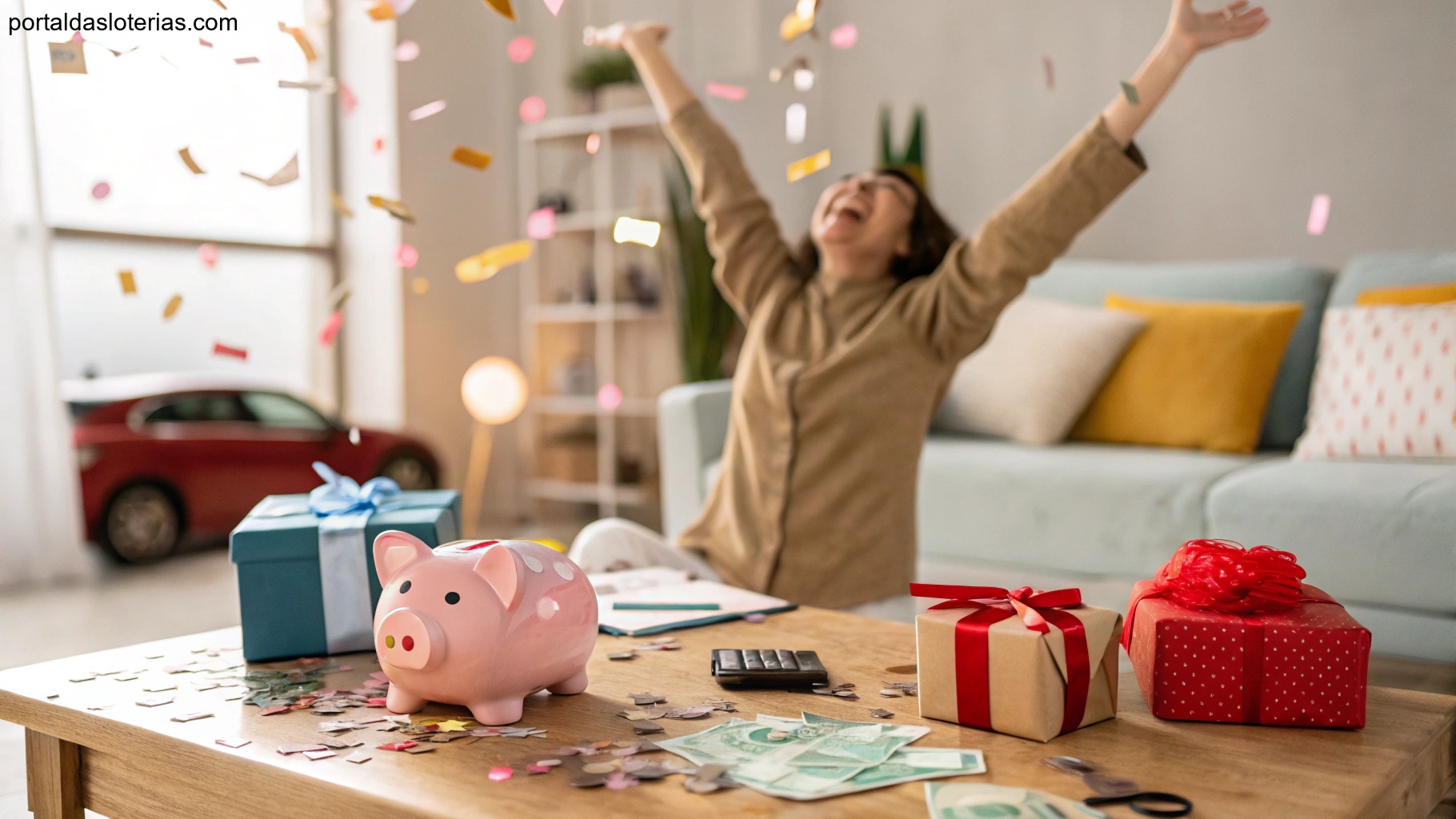 Imagem de uma pessoa comemorando vitória na loteria em um ambiente festivo com confetes e símbolos de sucesso financeiro.