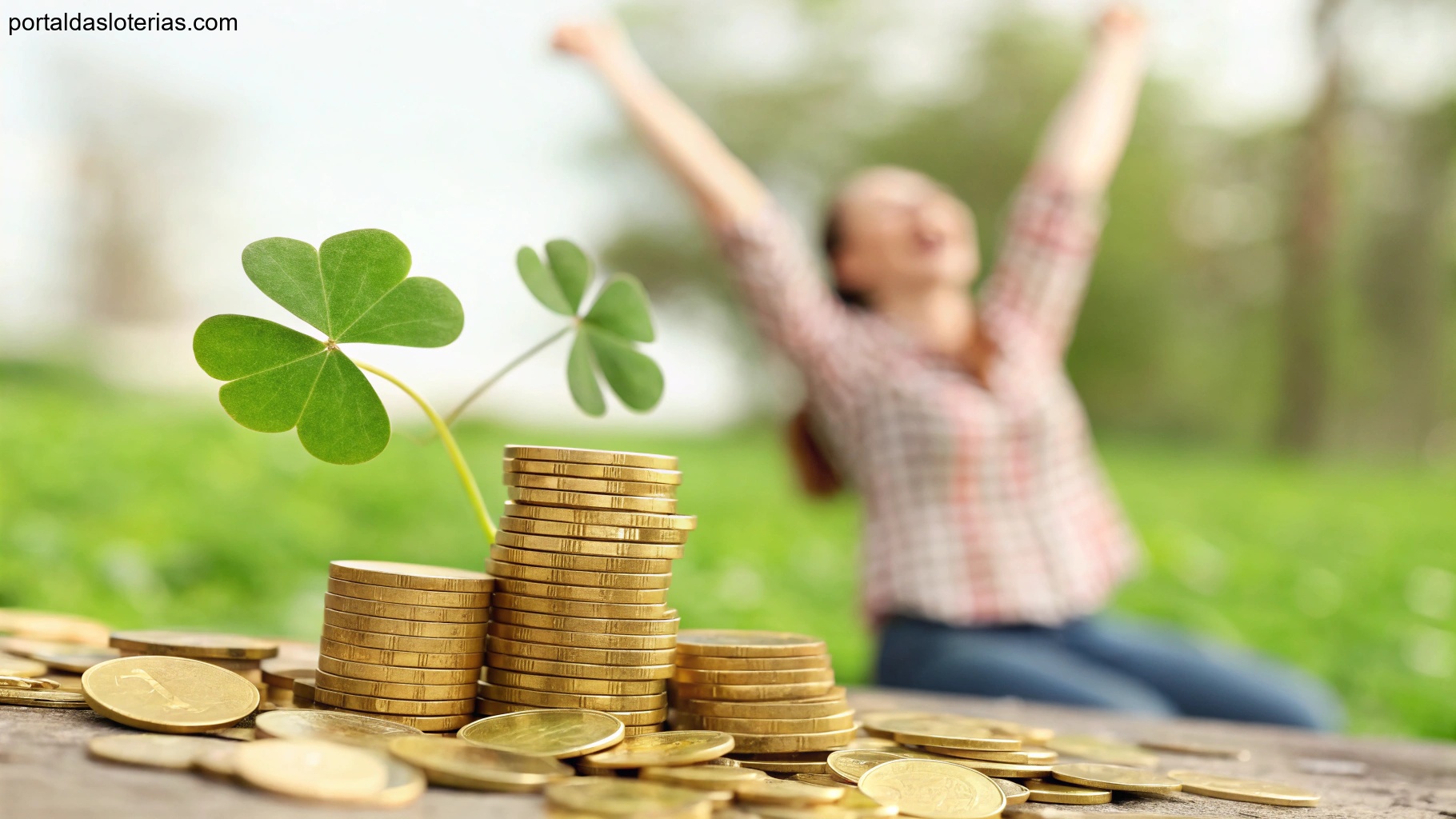 Imagem representando sorte e riqueza com moedas douradas, trevo verde e uma pessoa celebrando.
