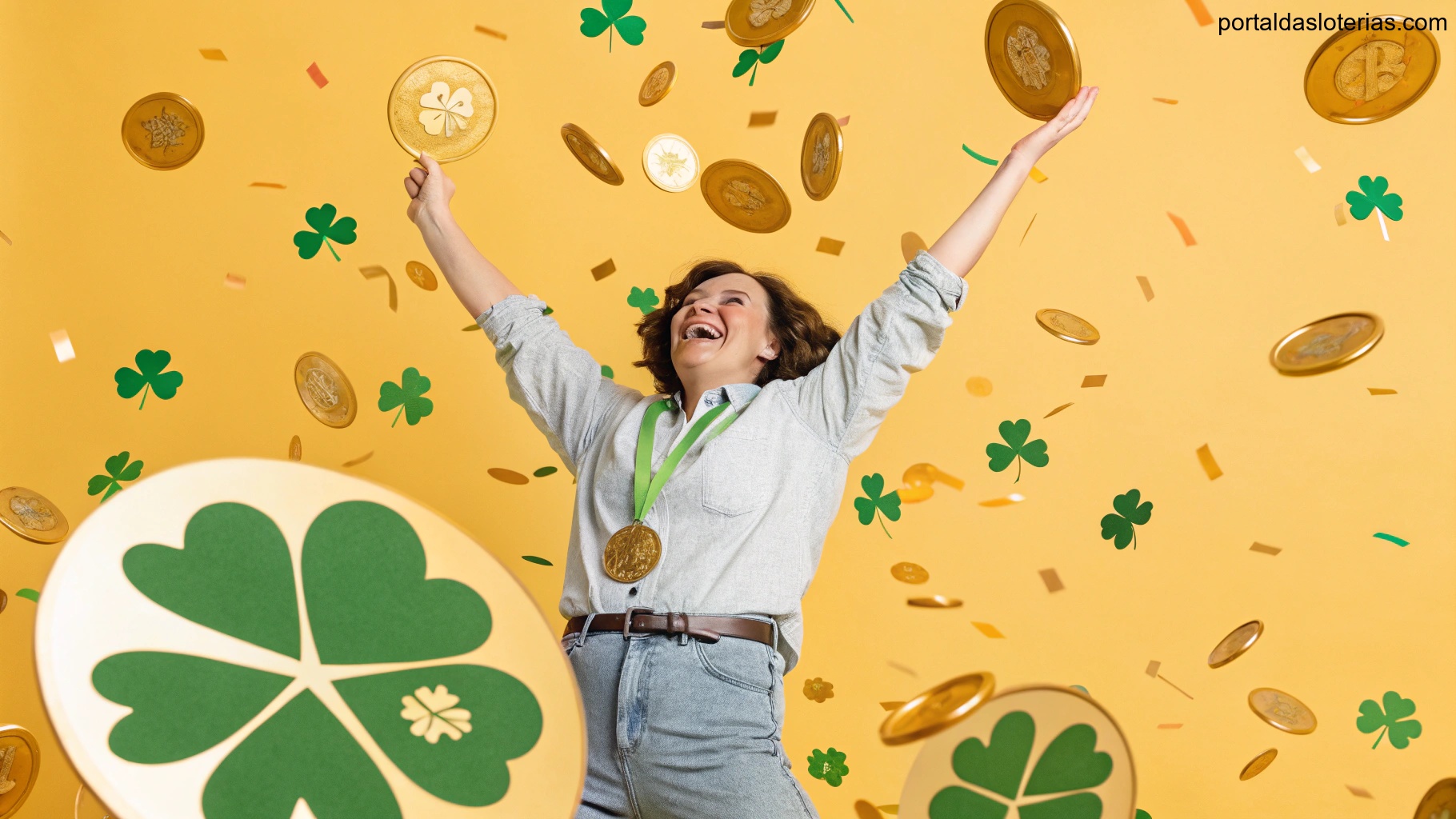 imagem de uma pessoa celebrando sorte com elementos simbólicos de riqueza, como moedas e trevo