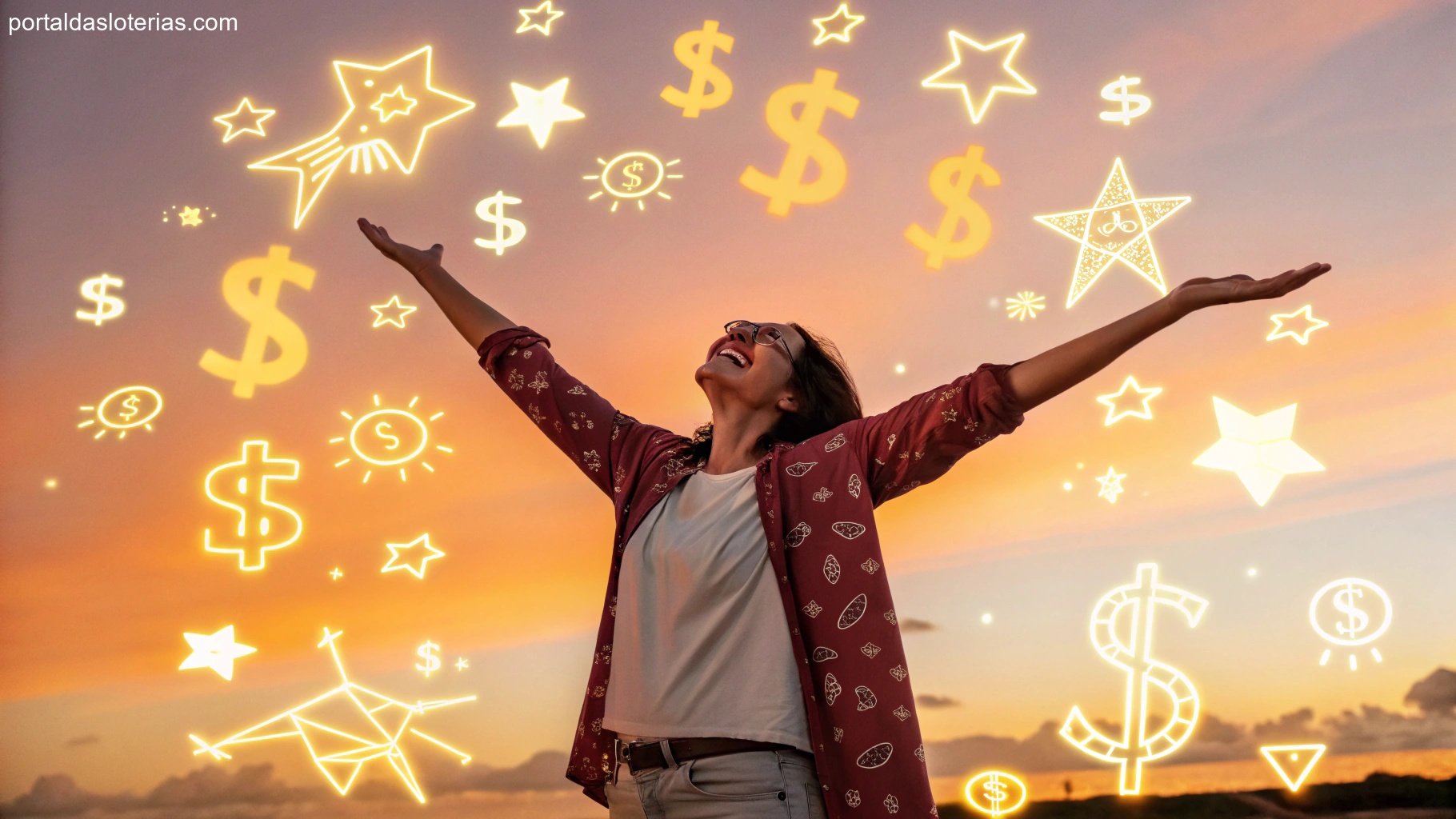 Imagem de pessoa com expressão de felicidade, simbolizando sorte e fortuna com elementos abstratos de dinheiro e sucesso.
