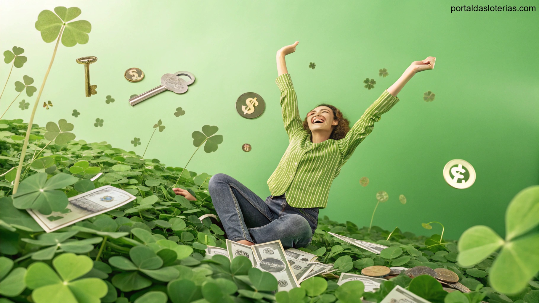 Imagem de uma pessoa celebrando sorte e riqueza com símbolos de prosperidade e o verde da loteria
