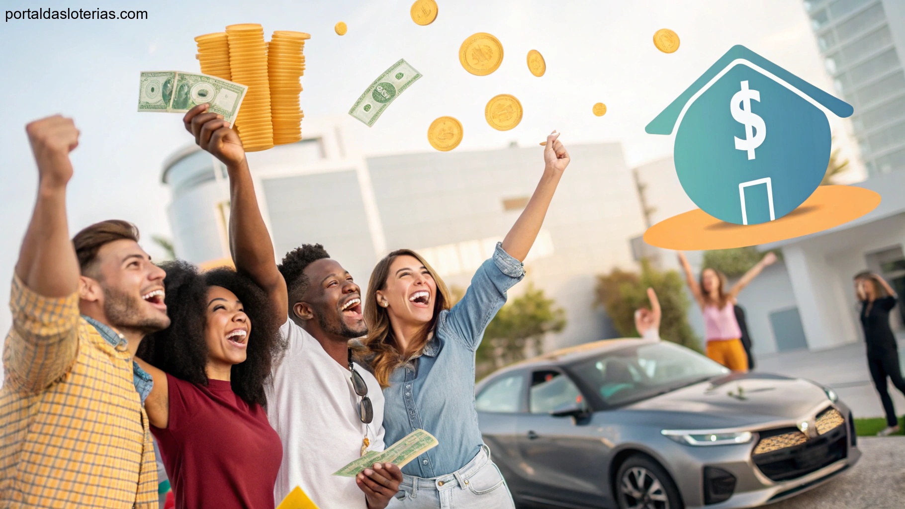Imagem de pessoas comemorando sorte e riqueza, com símbolos de dinheiro, casa e carro ao fundo.