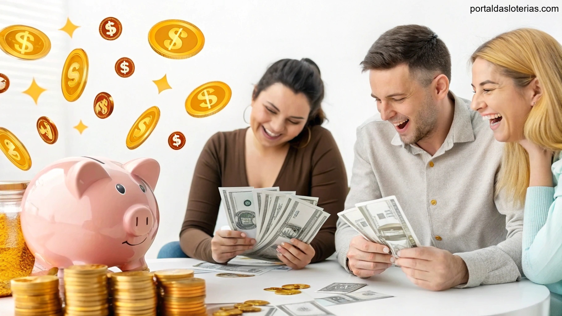 imagem de pessoas discutindo estratégias de loteria com símbolos de sorte