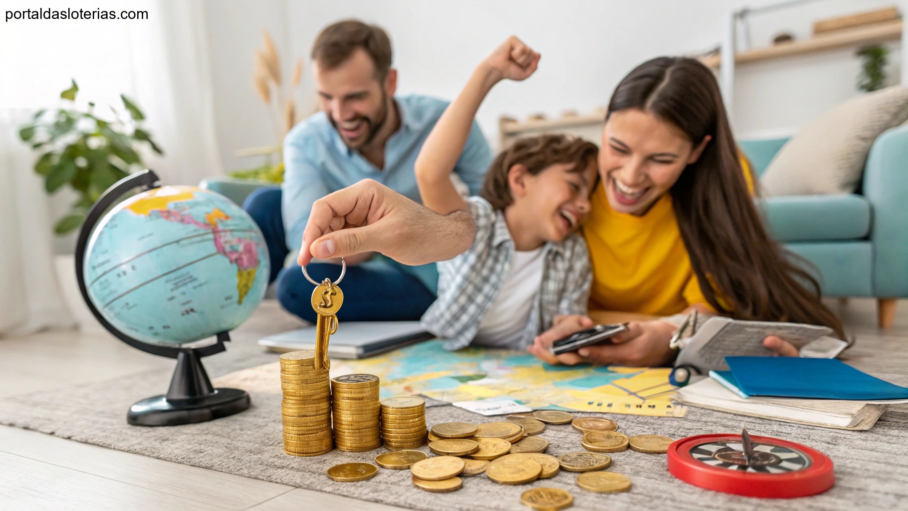 imagem de uma família celebrando com símbolos de sorte como moedas e chaves, representando sucesso e fortuna