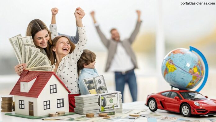 imagem de pessoas celebrando vitória na loteria com simbolismos de sorte como dinheiro, casa e viagem