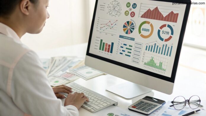 imagem de pessoa analisando gráficos e dados financeiros relacionados à loteria