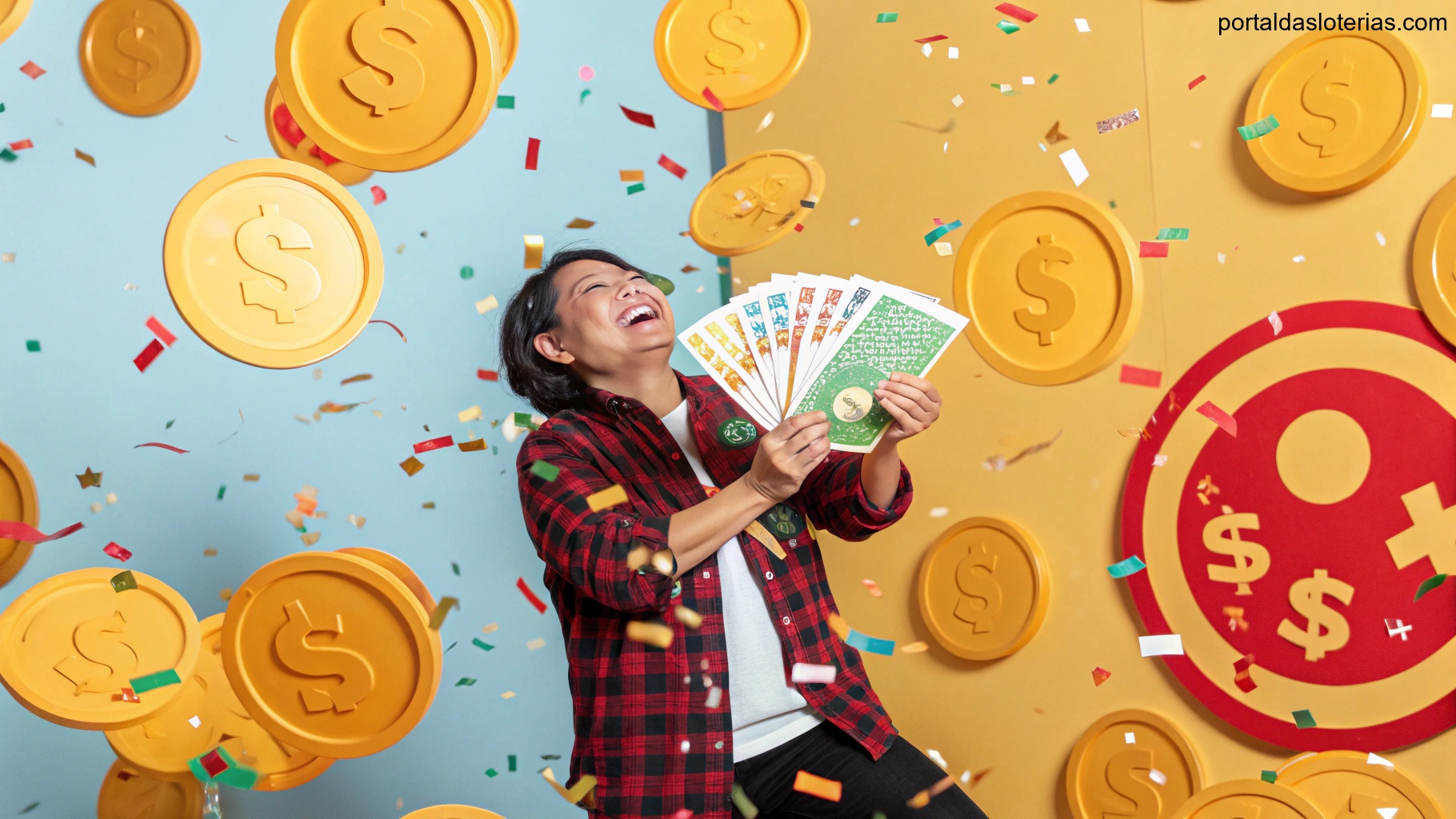 imagem de elementos coloridos representando sorte e riqueza com moedas e celebração