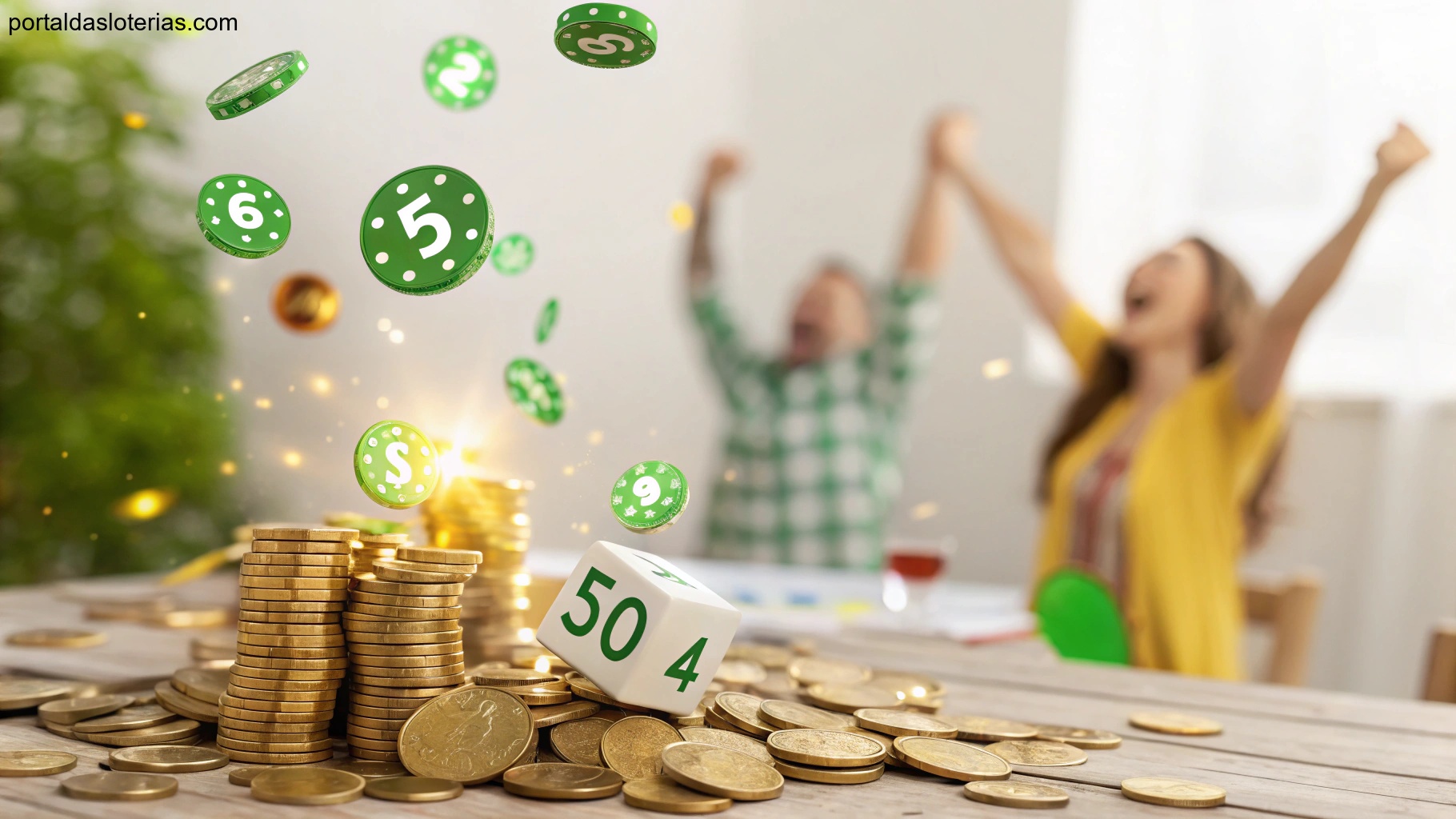 Imagem otimizada para SEO com pessoas comemorando a sorte com números e moedas brilhantes