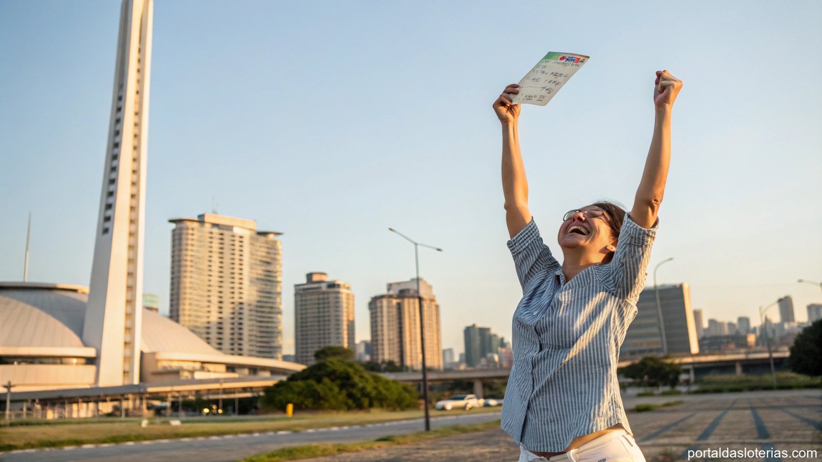 Pessoa comemorando vitória na loteria com a cidade de São Paulo ao fundo