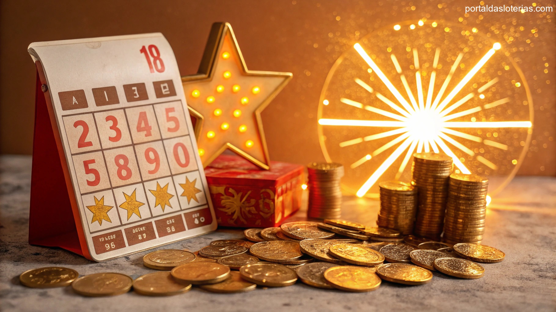 Imagem de calendário com moedas douradas e um brilho representando sorte e riqueza