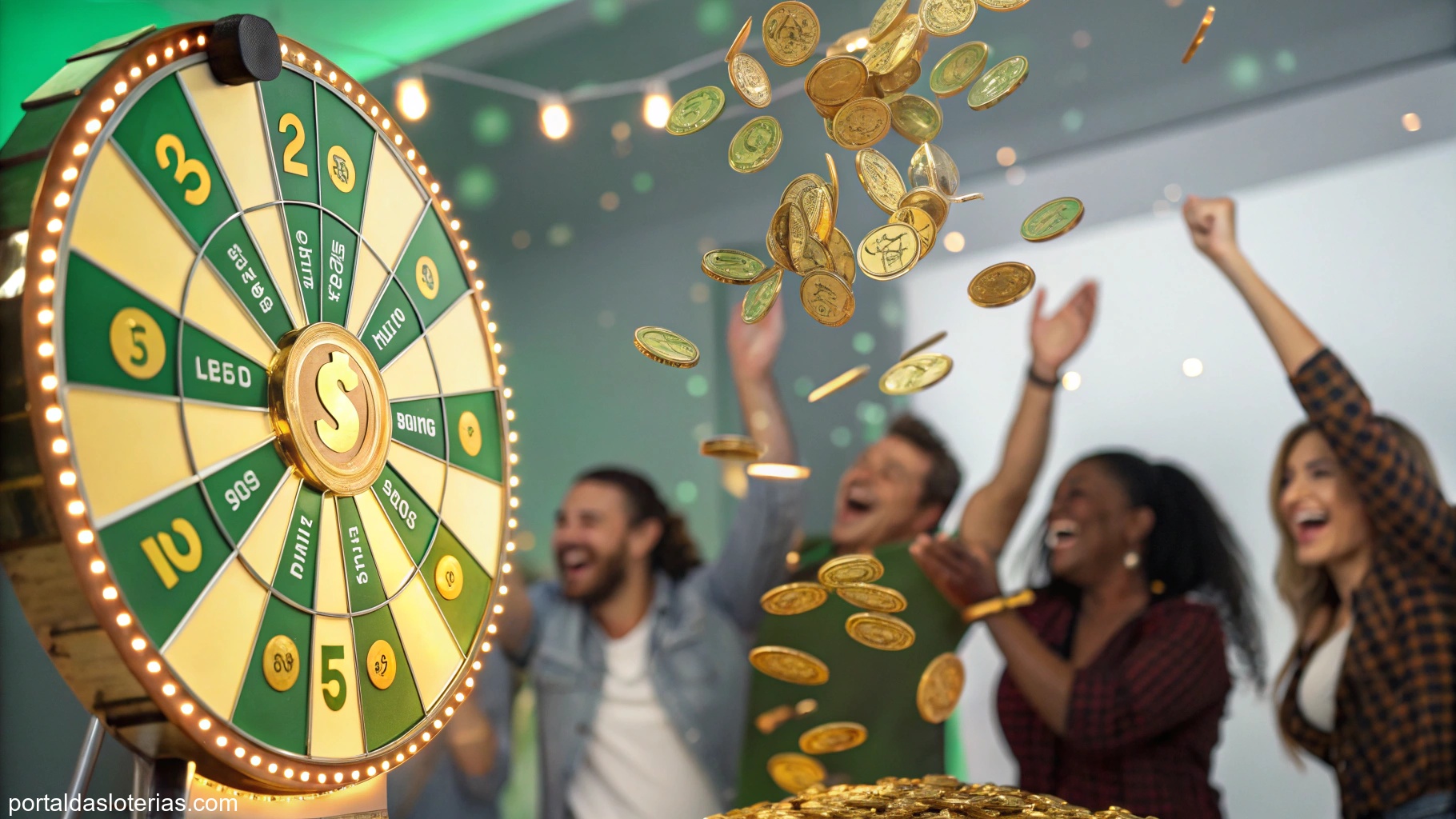 Imagem de celebração de sorte com moedas douradas e roda da fortuna