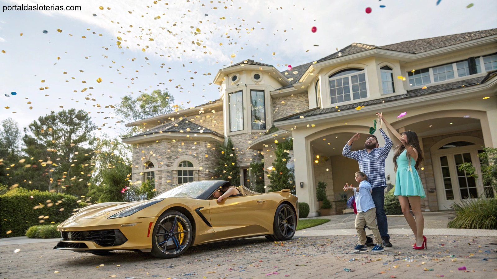 Imagem de uma família celebrando a vitória na loteria com uma casa luxuosa e um carro esportivo ao fundo.