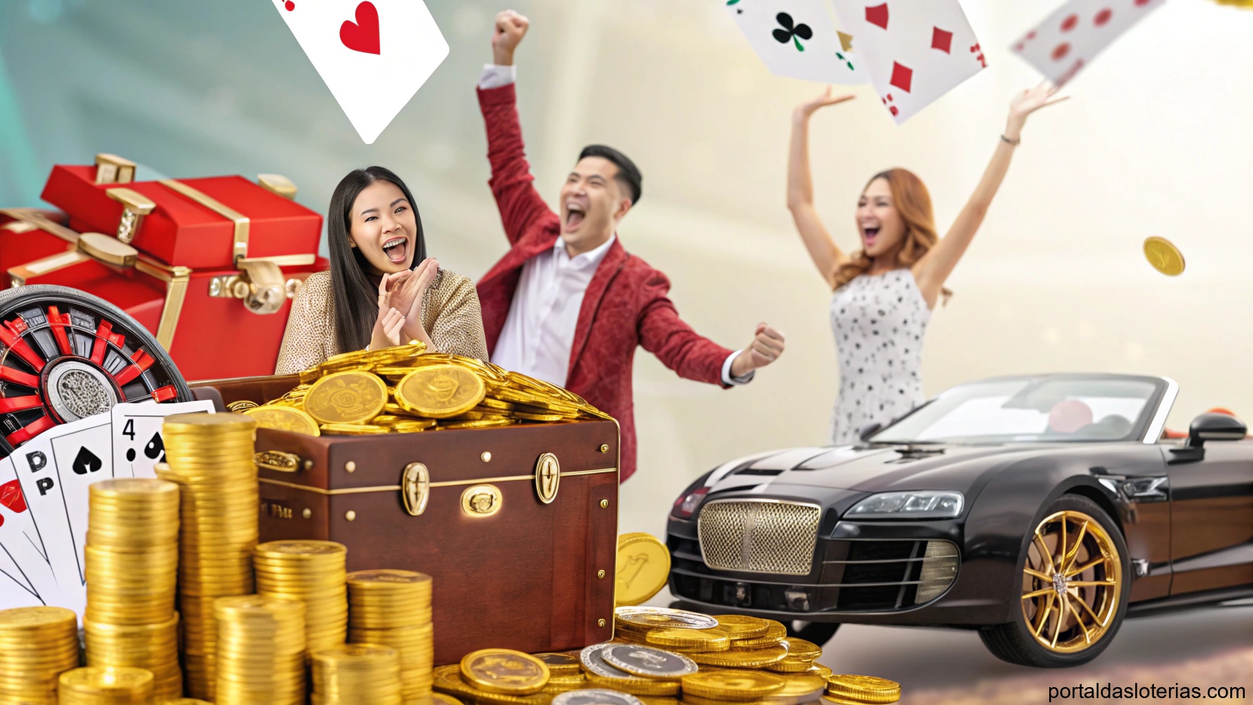 Imagem de pessoas celebrando a sorte com símbolos de riqueza como moedas douradas e um carro luxuoso