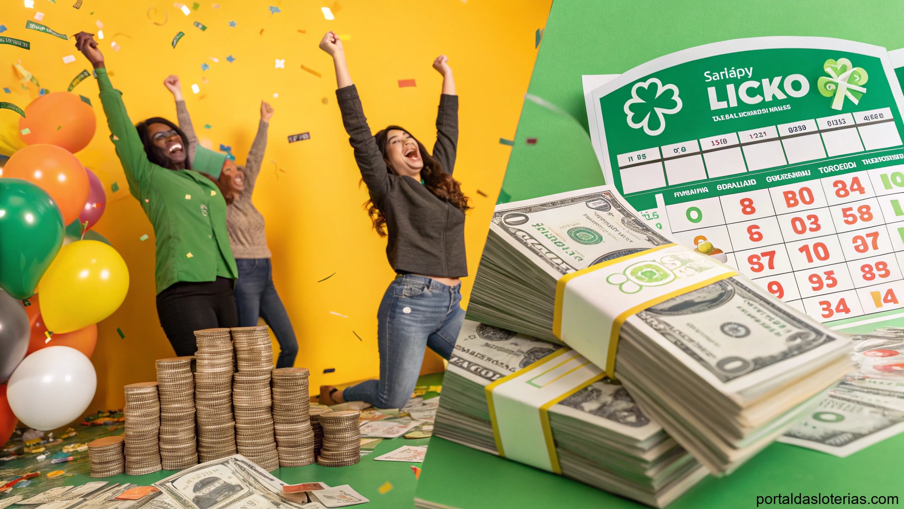 imagem de pessoas comemorando com símbolos de sorte e riqueza na cor verde, representando a loteria