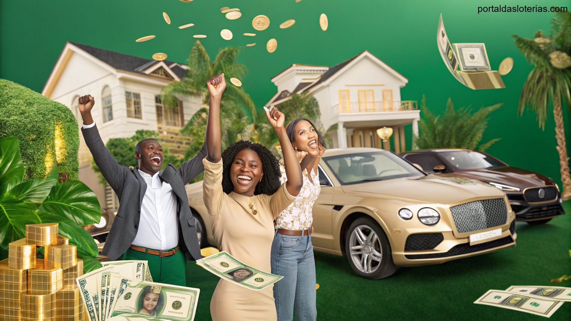 imagem de pessoas celebrando com simbolismos de riqueza como casas e carros em uma paleta verde vibrante