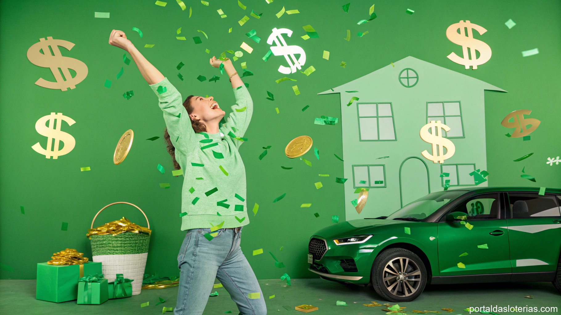 Imagem de sorte e riqueza com pessoa celebrando e tons verdes.